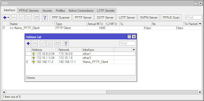  Agar koneksi VPN PPTP dapat terbetuntuk terlebidahulu konfigurasi pada server VPN PPTP Setting PPTP di Mikrotik