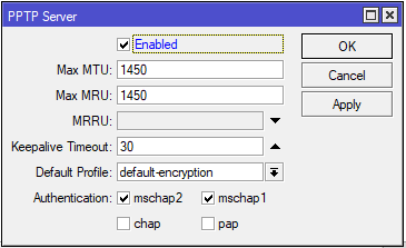  Agar koneksi VPN PPTP dapat terbetuntuk terlebidahulu konfigurasi pada server VPN PPTP Setting PPTP di Mikrotik