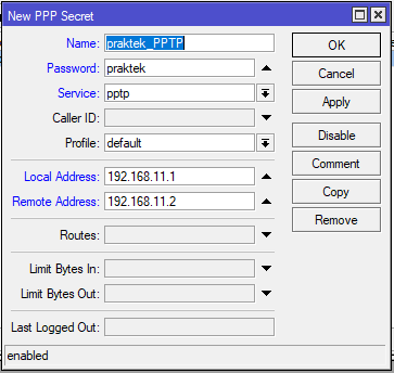  Agar koneksi VPN PPTP dapat terbetuntuk terlebidahulu konfigurasi pada server VPN PPTP Setting PPTP di Mikrotik