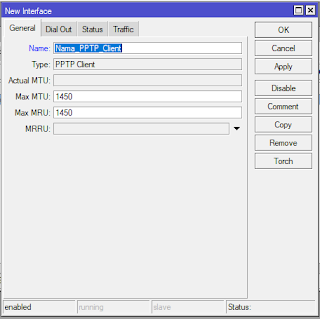  Agar koneksi VPN PPTP dapat terbetuntuk terlebidahulu konfigurasi pada server VPN PPTP Setting PPTP di Mikrotik