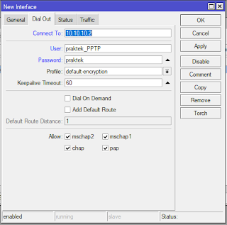  Agar koneksi VPN PPTP dapat terbetuntuk terlebidahulu konfigurasi pada server VPN PPTP Setting PPTP di Mikrotik